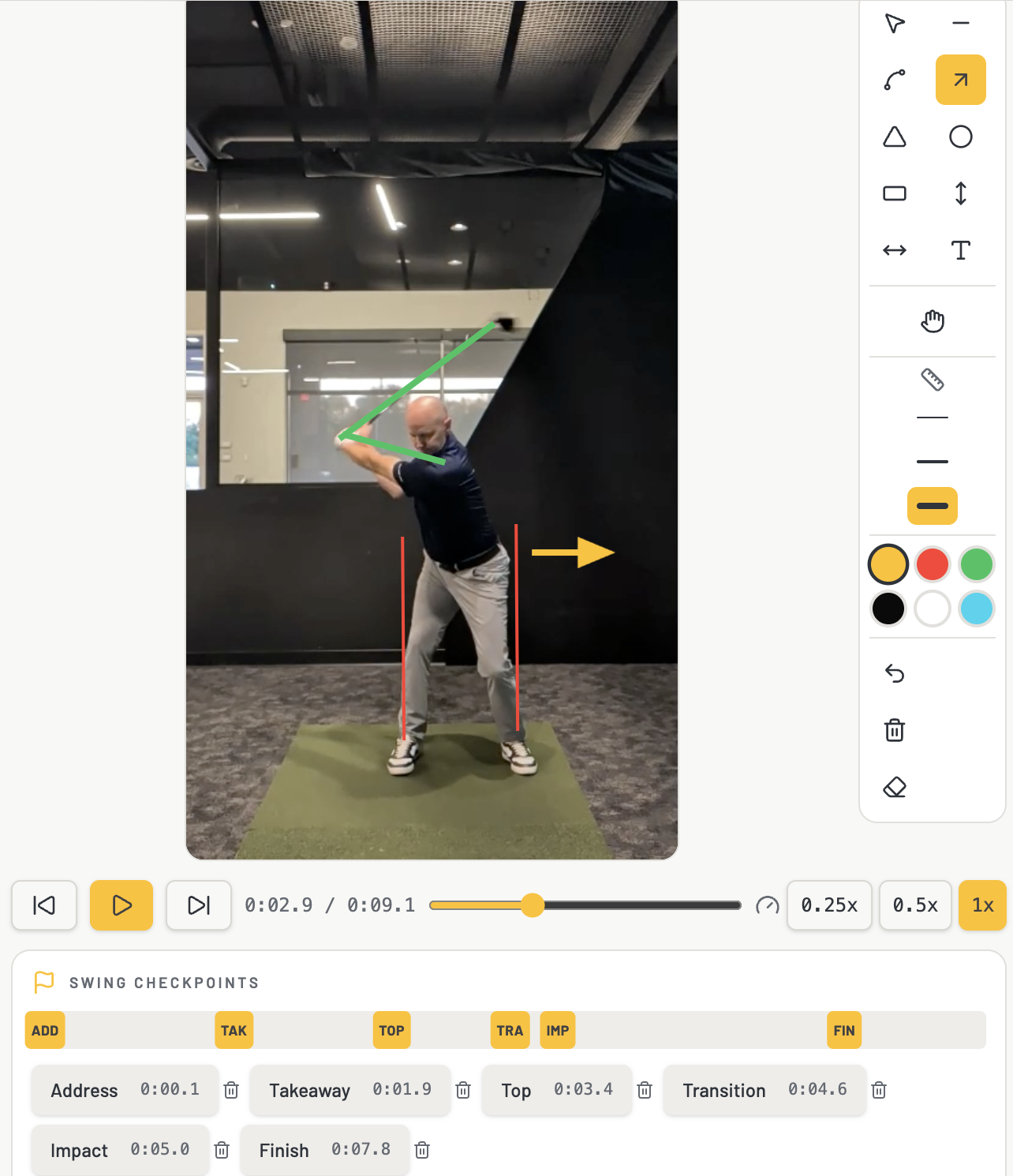 Swing review studio with drawing tools and swing checkpoints